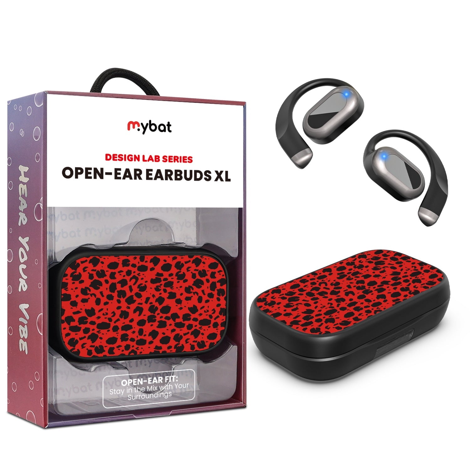 MyBat Design Lab Open-Ear Earbuds XL - Black - Red Leopard Print