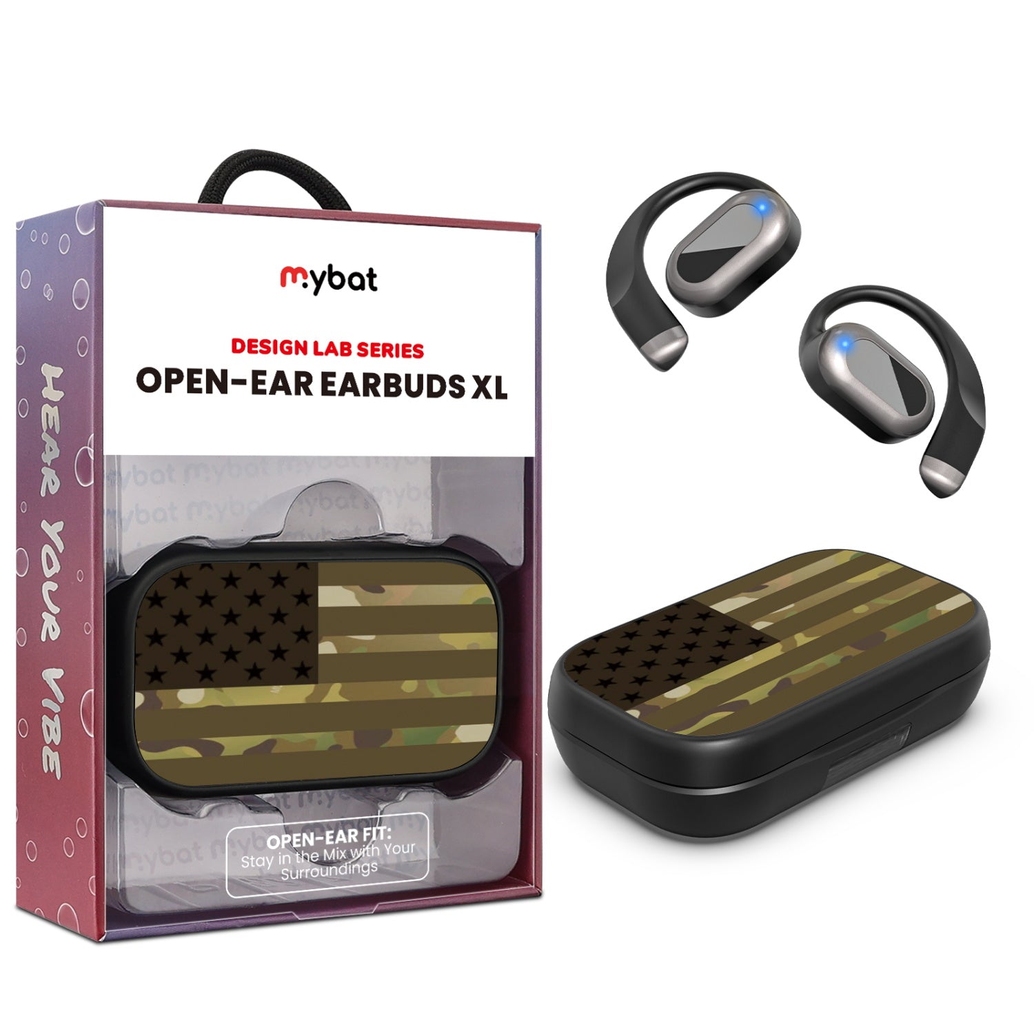 MyBat Design Lab Open-Ear Earbuds XL - Black - Military Camouflage American Flag