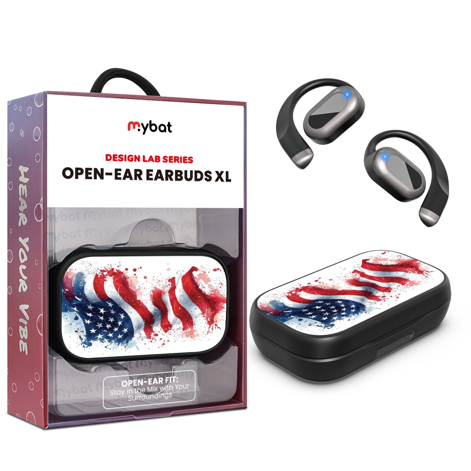 MyBat Design Lab Open-Ear Earbuds XL - Black - Patriotic Flag Painiting - MFHSBTST271-346-1.jpg