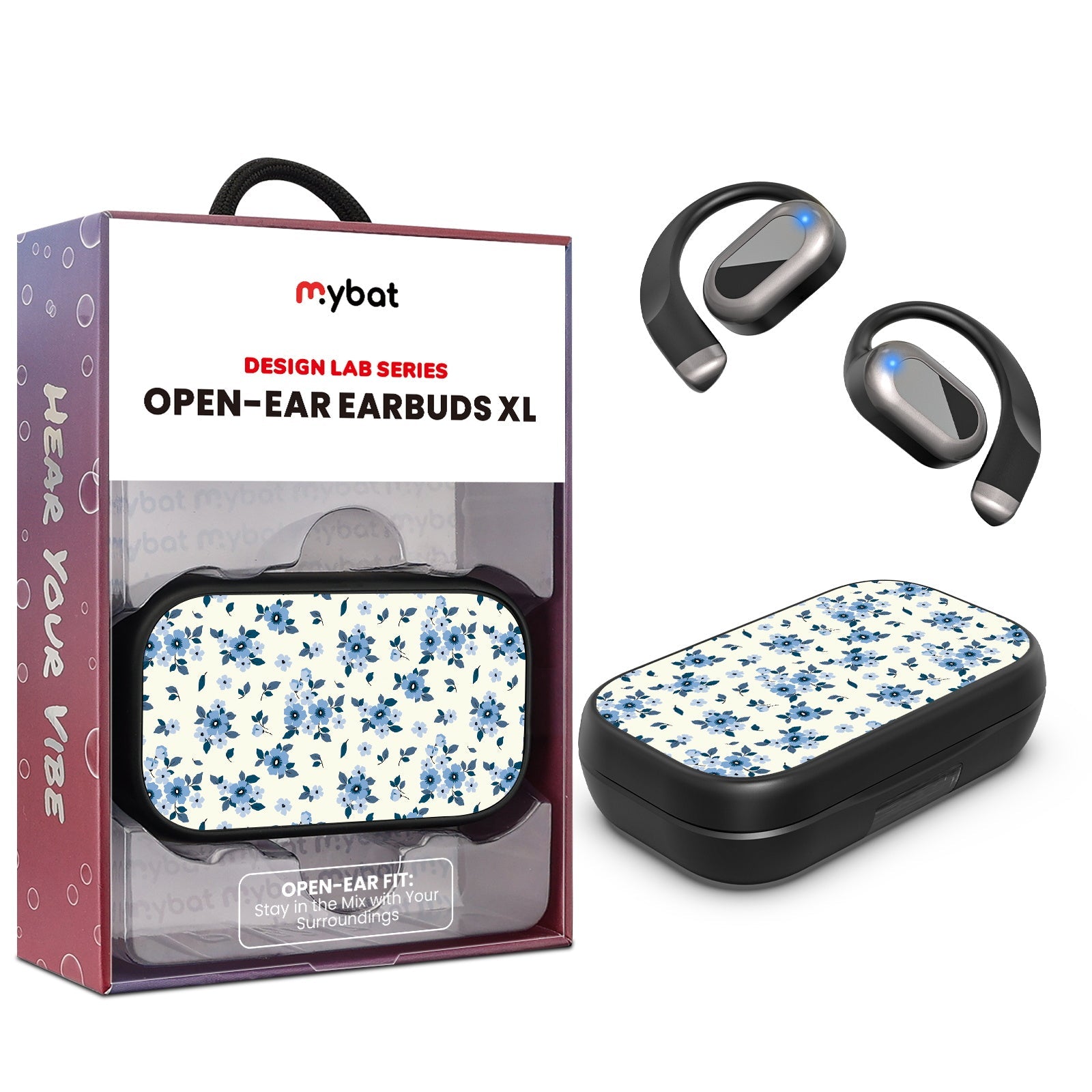 MyBat Design Lab Open-Ear Earbuds XL - Black - Porcelain Petals