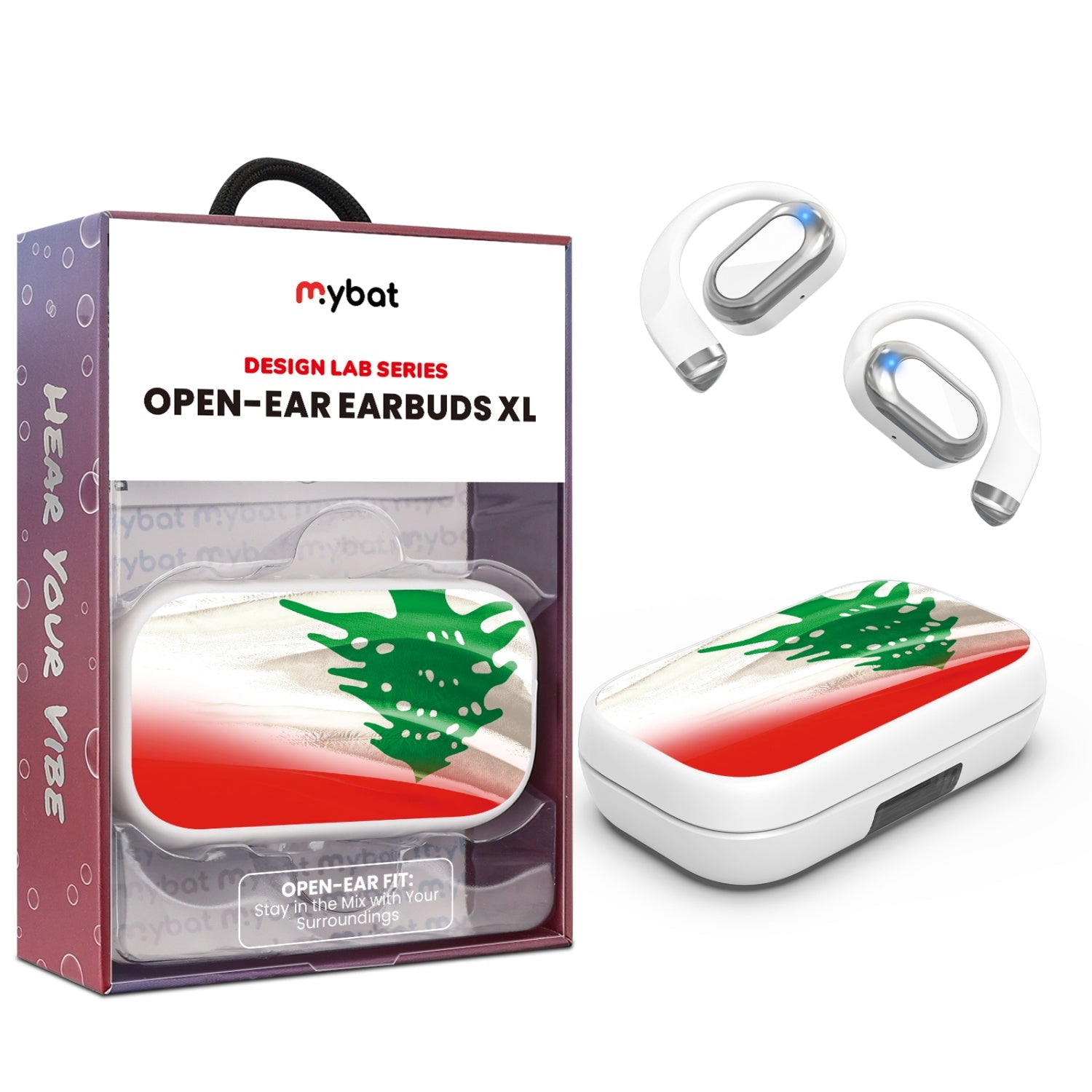 MyBat Design Lab Open-Ear Earbuds XL - White - Lebanese Flag