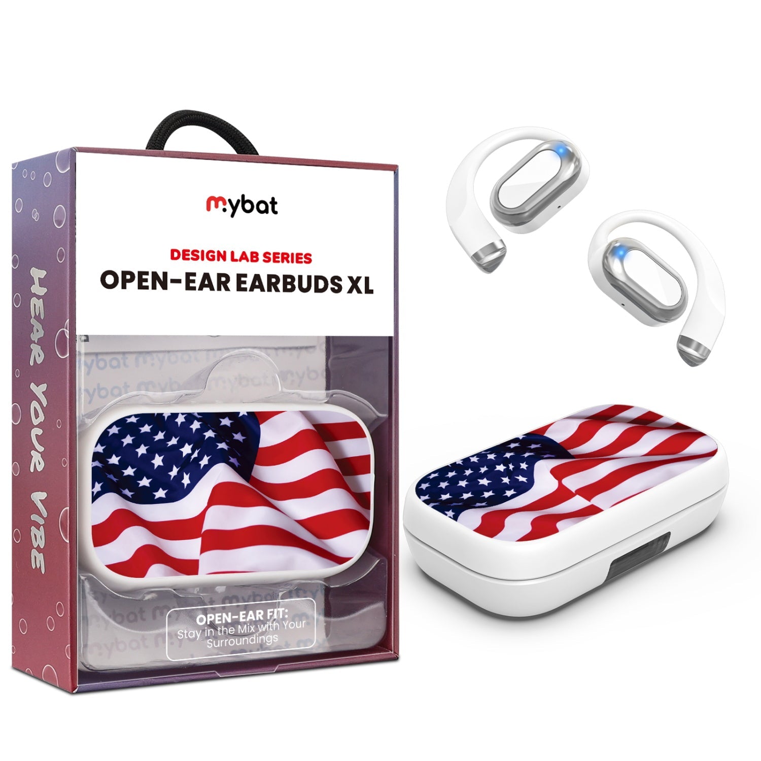 MyBat Design Lab Open-Ear Earbuds XL - White - Stars & Stripes