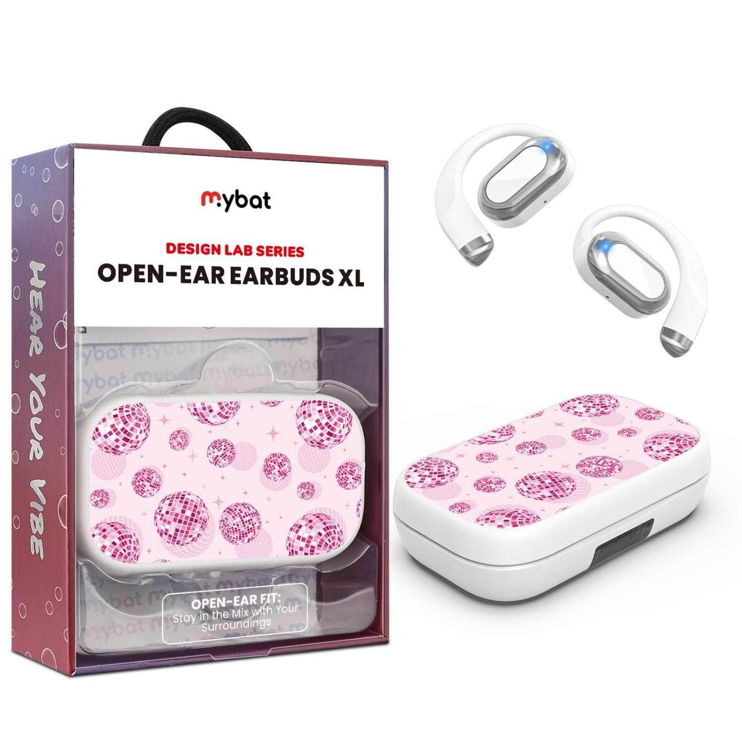 MyBat Design Lab Open-Ear Earbuds XL - White - Disco Balls