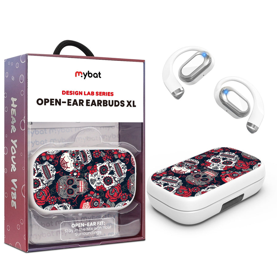 MyBat Design Lab Open-Ear Earbuds XL - White - Sugar Rose Skulls