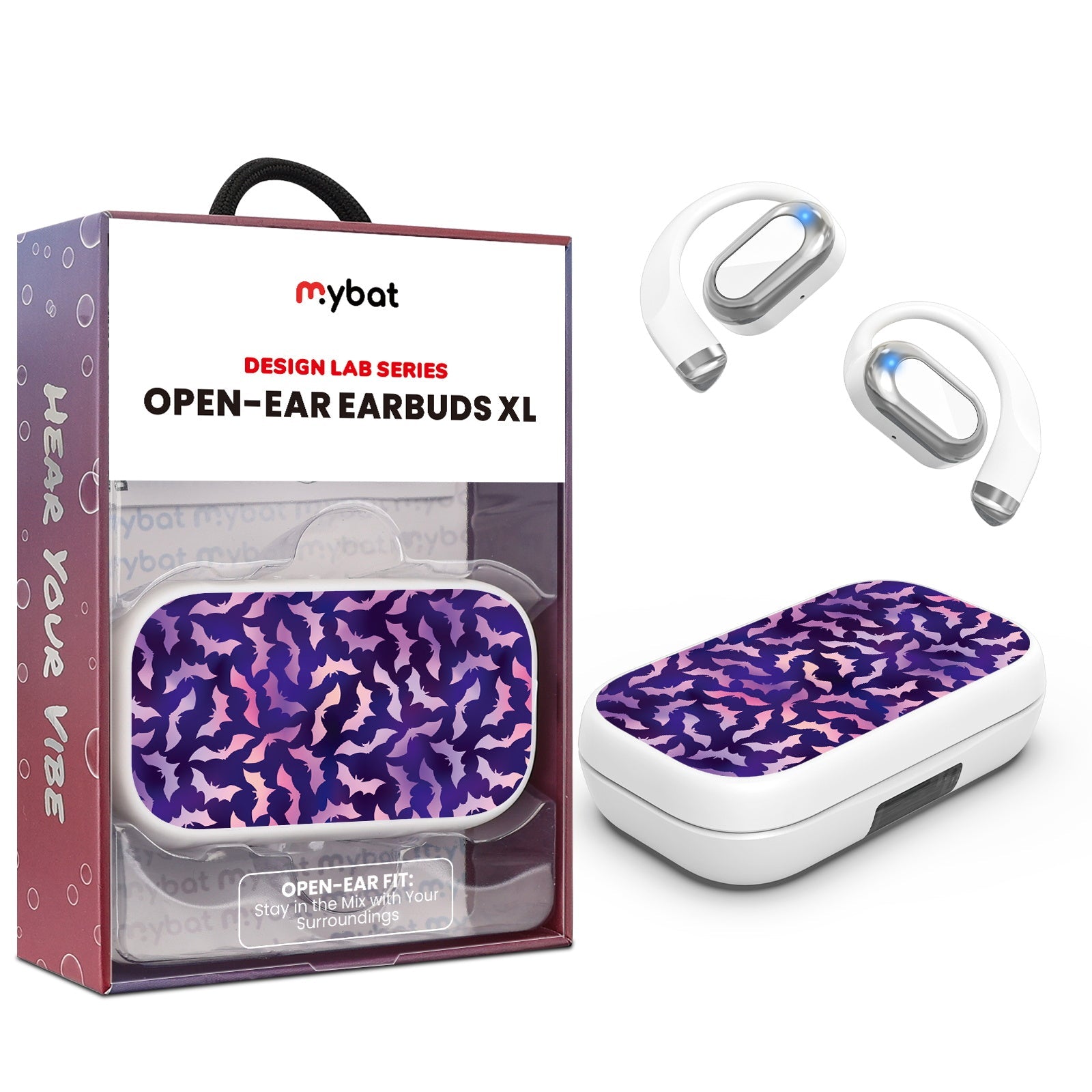 MyBat Design Lab Open-Ear Earbuds XL - White - Twilight Bats