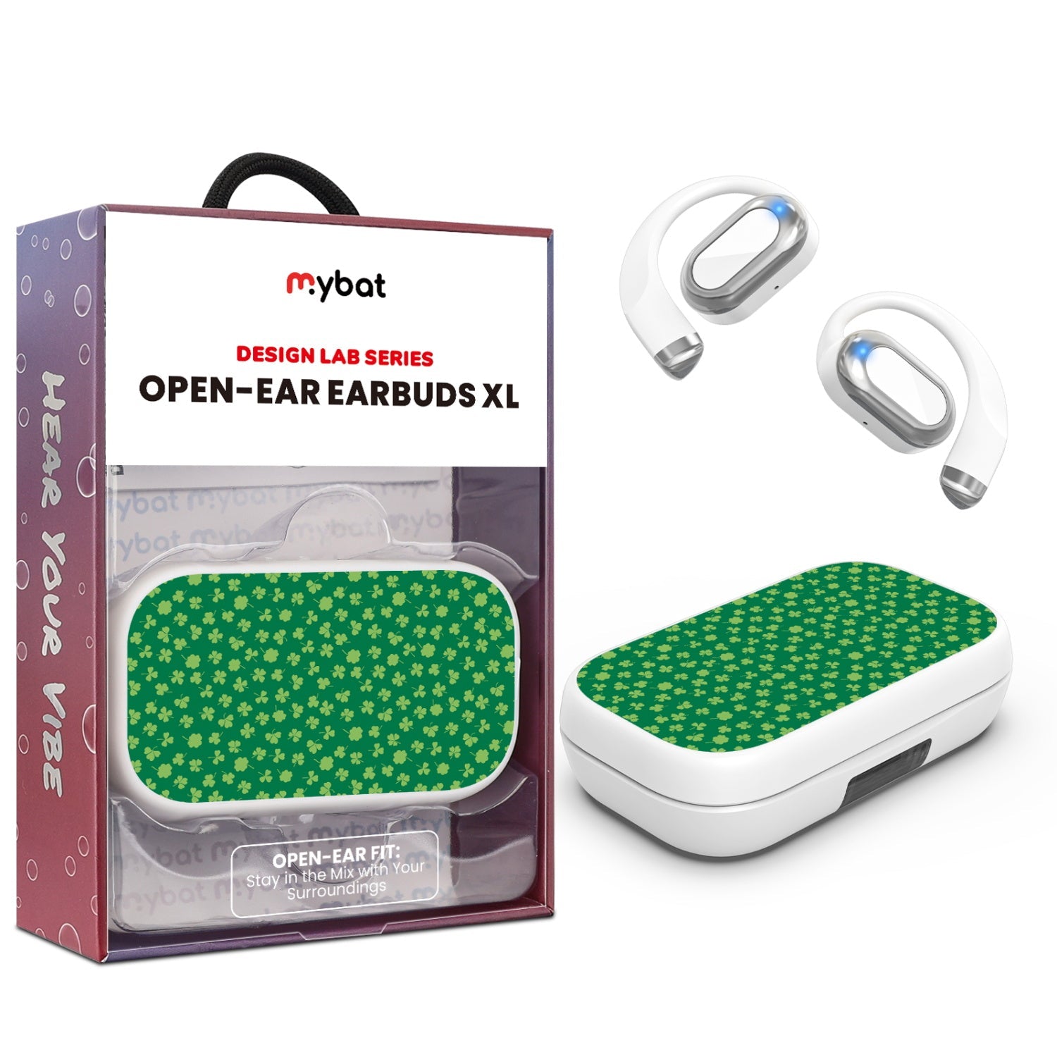 MyBat Design Lab Open-Ear Earbuds XL - White- Lucky Clover