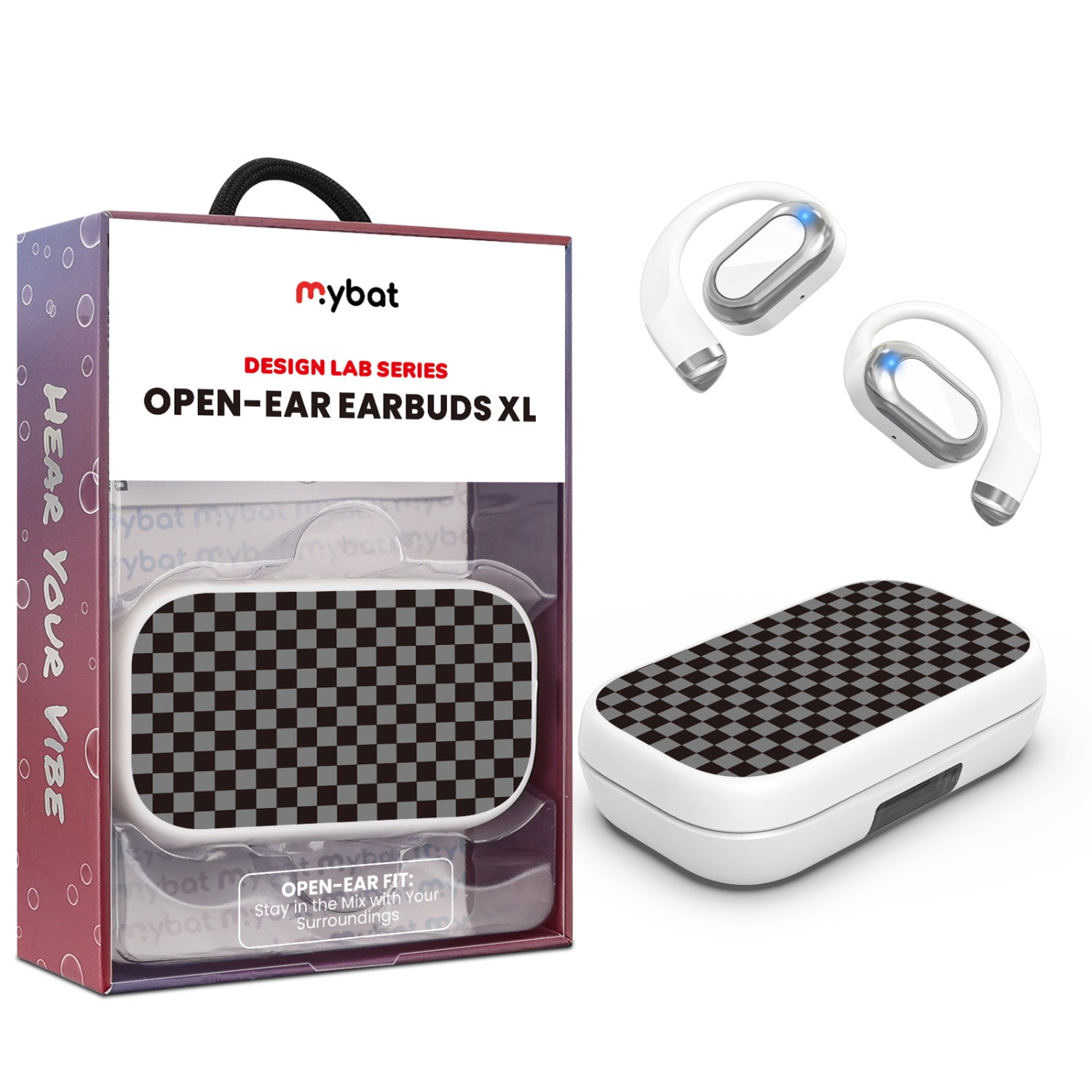 MyBat Design Lab Open-Ear Earbuds XL - White- Tuxedo Check