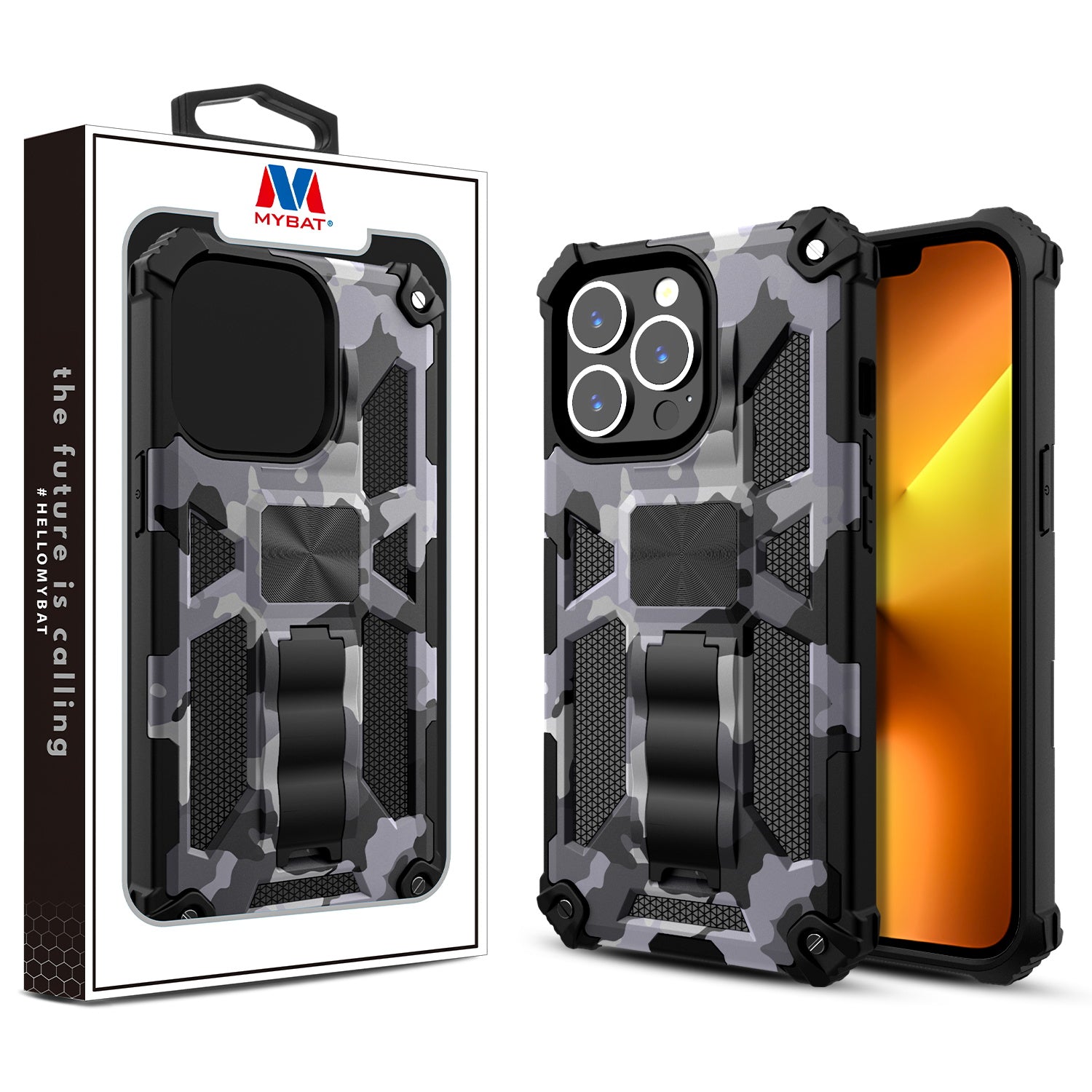 MyBat Sturdy Hybrid Protector Cover (with Stand) for Apple iPhone 13 Pro - Gray Camouflage / Black