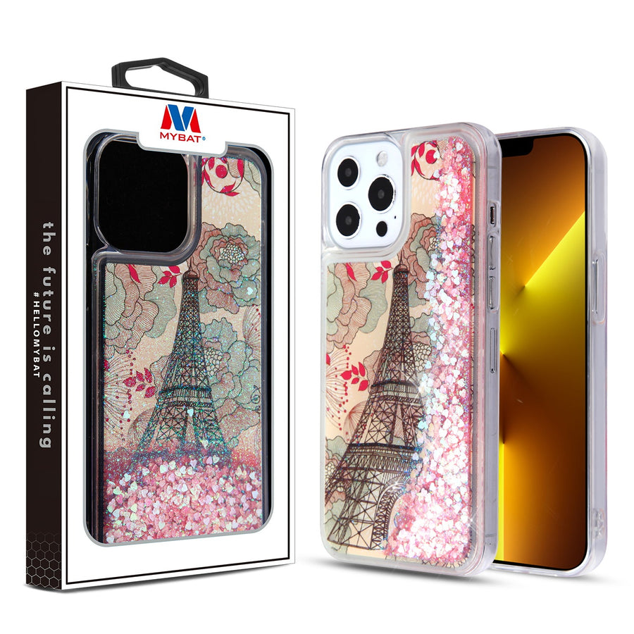 MyBat Quicksand Glitter Hybrid Protector Cover for Apple iPhone 13 Pro - Eiffel Tower & Pink Hearts