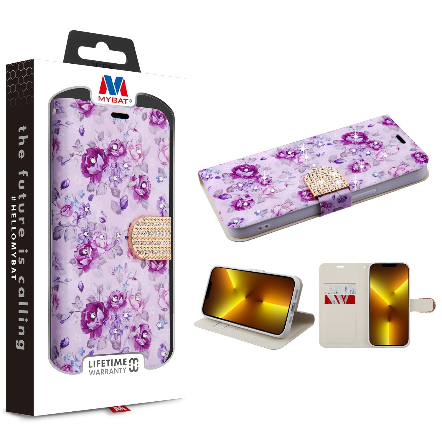 MyBat MyJacket Wallet Diamond Series for Apple iPhone 13 Pro - Fresh Purple Flowers