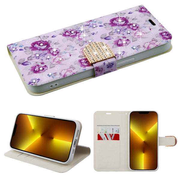 MyBat MyJacket Wallet Diamond Series for Apple iPhone 13 Pro - Fresh Purple Flowers - MIP13PPCMJD103-2.jpg