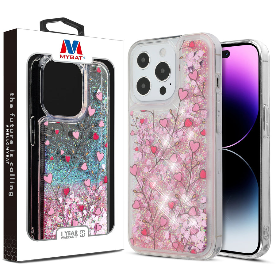 MyBat Quicksand Glitter Hybrid Protector Cover for Apple iPhone 14 Pro - Heart Vines