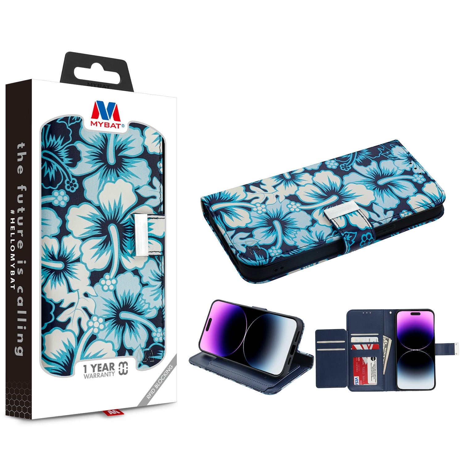 MyBat MyJacket Wallet Xtra Series with RFID Blocking for Apple iPhone 14 Pro Max - Blue Hibiscus