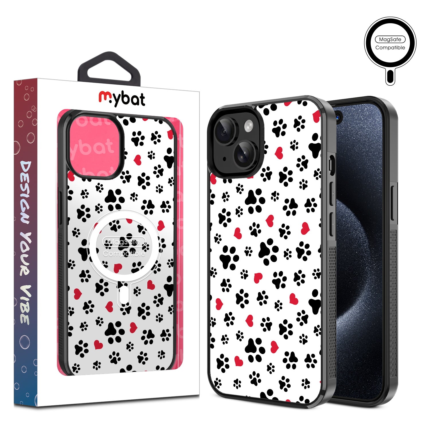 MyBat Design Lab Series MagSafe Case for Apple iPhone 15 (6.1) - Paw Prints and Hearts