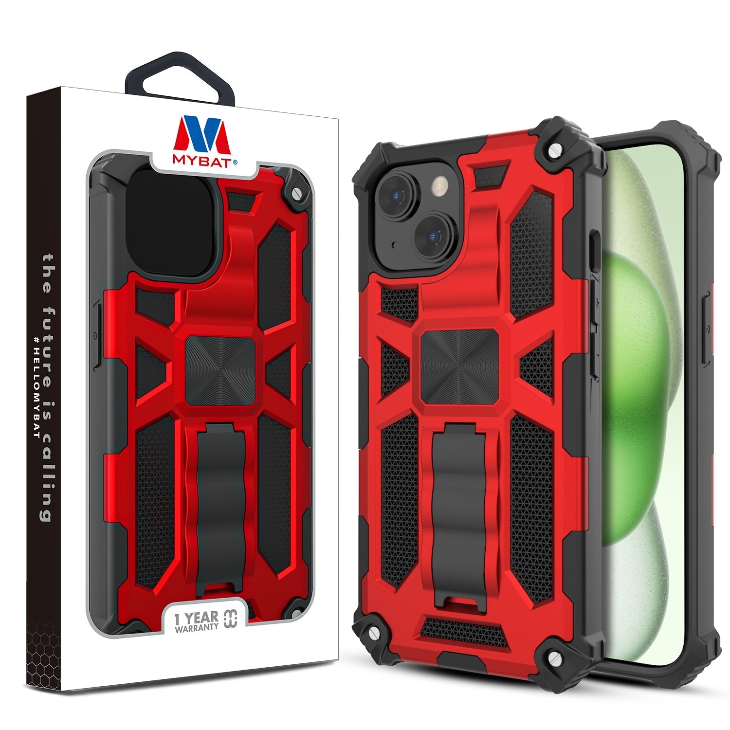 MyBat Sturdy Hybrid Protector Cover (with Stand) for Apple iPhone 15 Plus - Red / Black