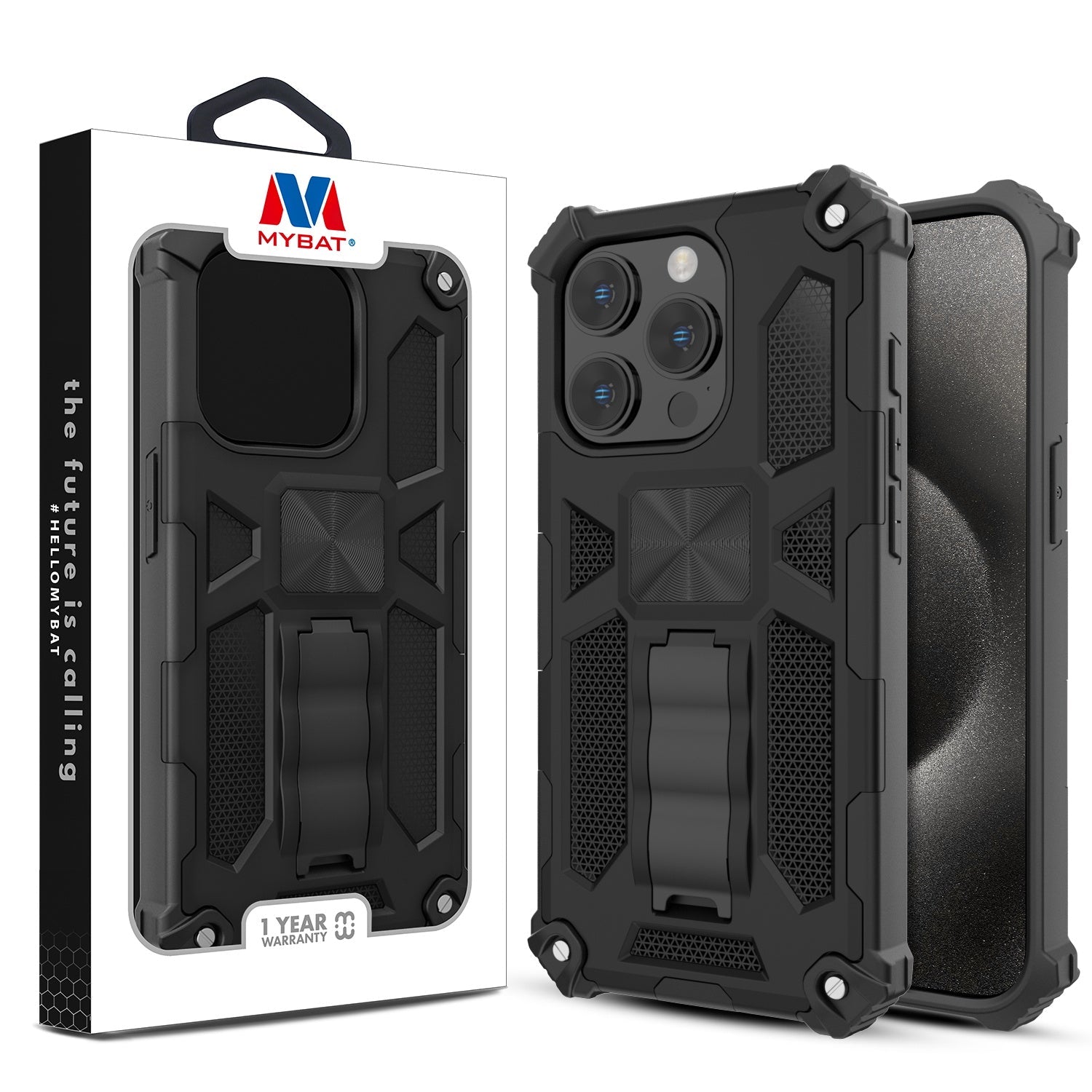 MyBat Sturdy Hybrid Protector Cover (with Stand) for Apple iPhone 15 Pro - Black / Black