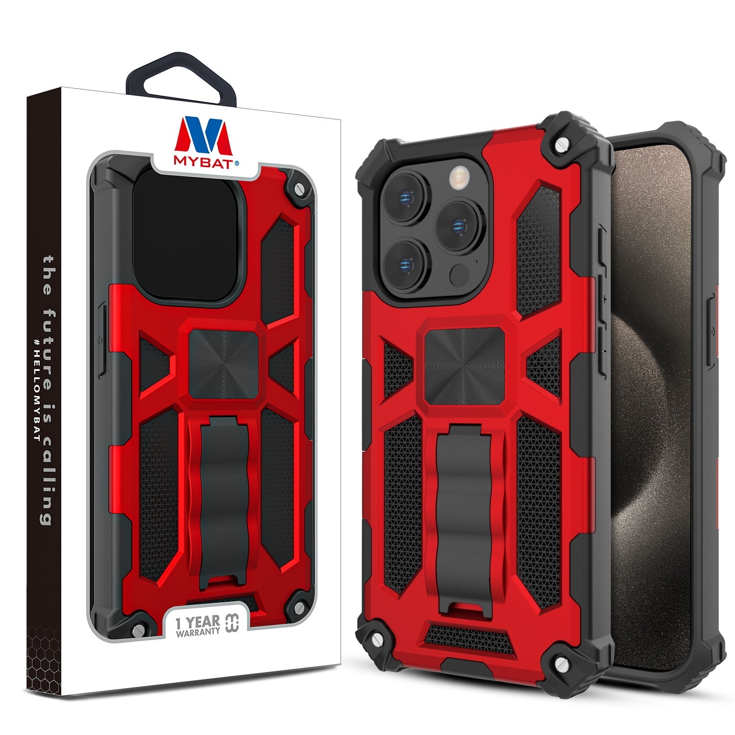 MyBat Sturdy Hybrid Protector Cover (with Stand) for Apple iPhone 15 Pro - Red / Black