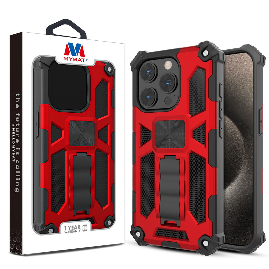 MyBat Sturdy Hybrid Protector Cover (with Stand) for Apple iPhone 15 Pro - Red / Black