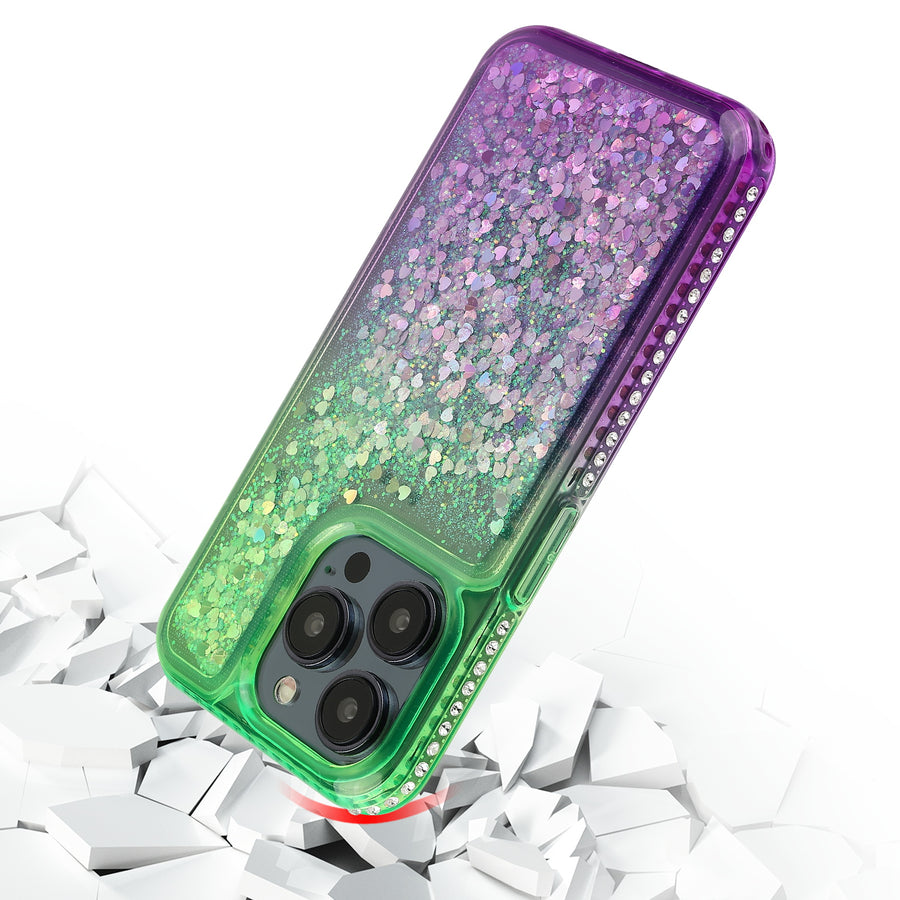 MyBat Quicksand Glitter with Diamonds Protector Cover for Apple iPhone 15 Pro - Purple / Green Gradient - MIP15PCSGTMM203-5.jpg