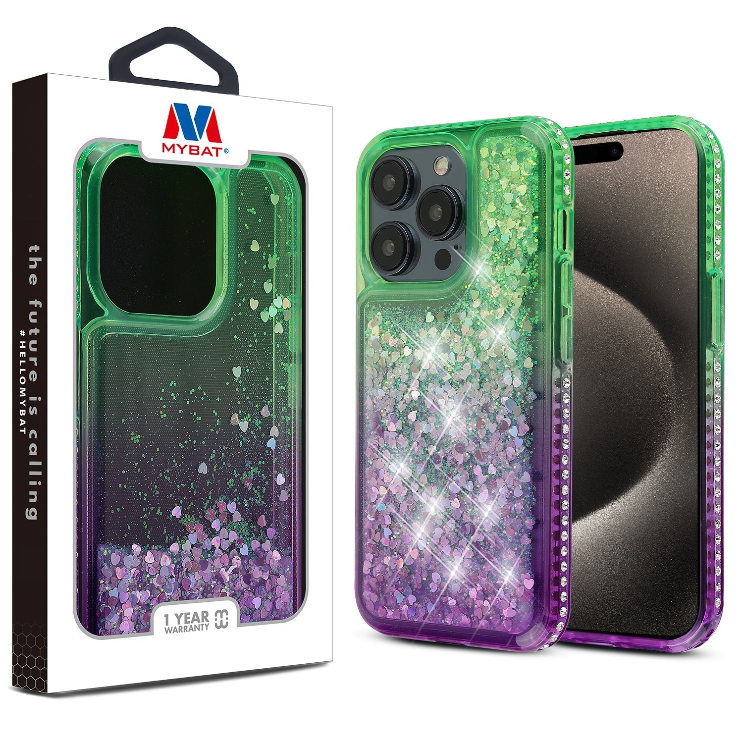 MyBat Quicksand Glitter with Diamonds Protector Cover for Apple iPhone 15 Pro Max - Purple / Green Gradient