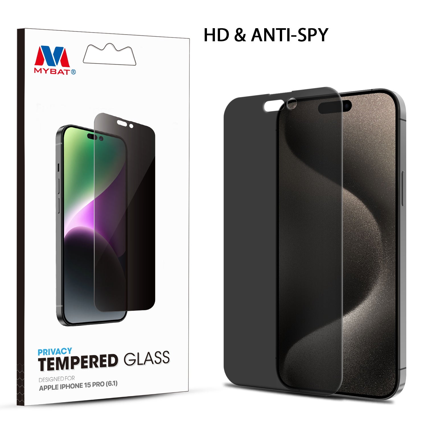 MyBat Privacy Tempered Glass Screen Protector (2.5D) for Apple iPhone 15 Pro - Clear