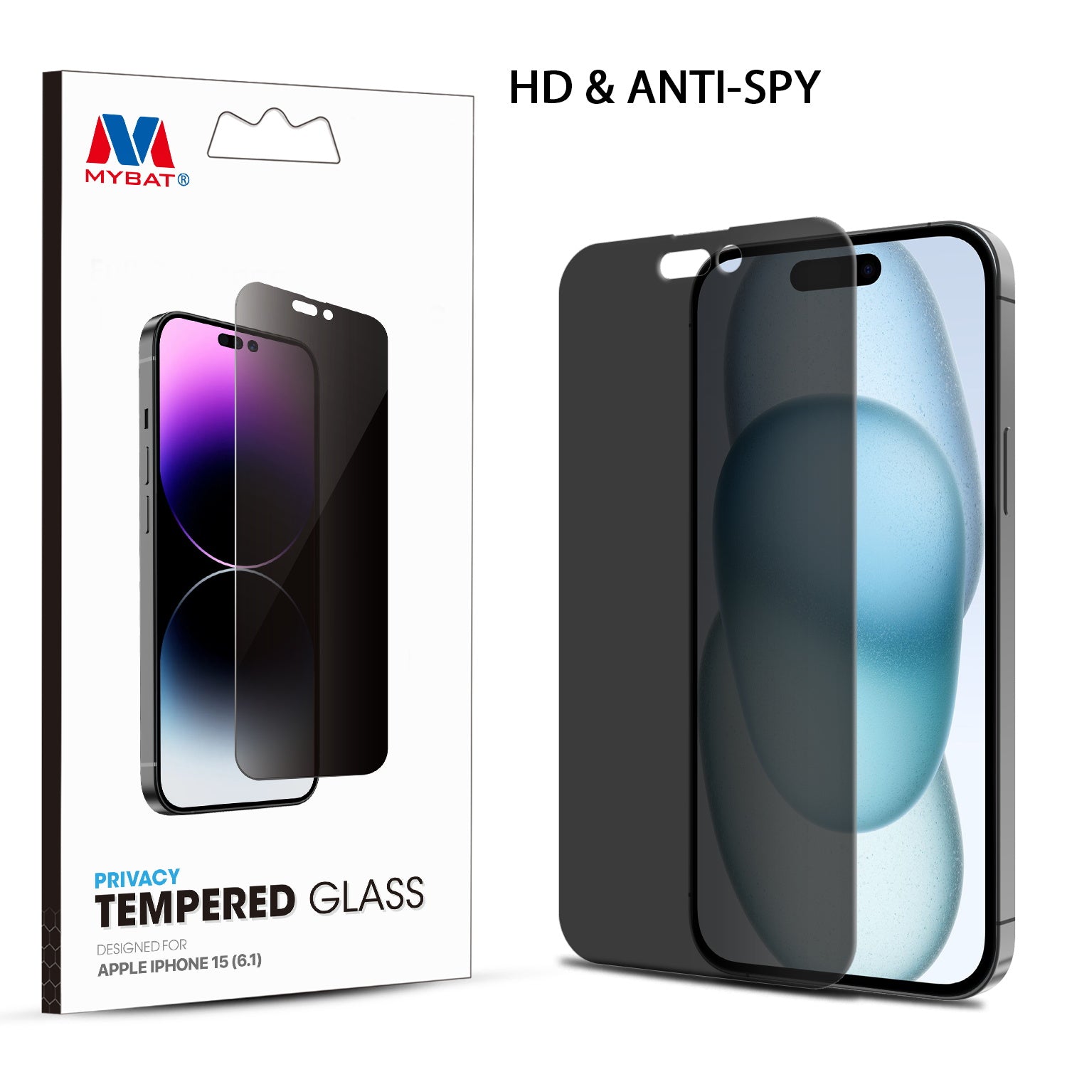 MyBat Privacy Tempered Glass Screen Protector (2.5D) for Apple iPhone 15 - Clear