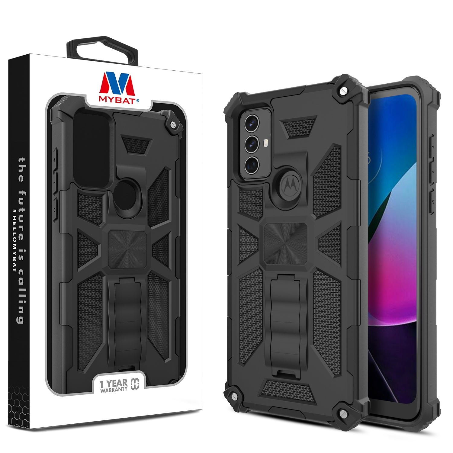 MyBat Sturdy Hybrid Protector Cover (with Stand) for Motorola Moto G Play (2023) - Black / Black