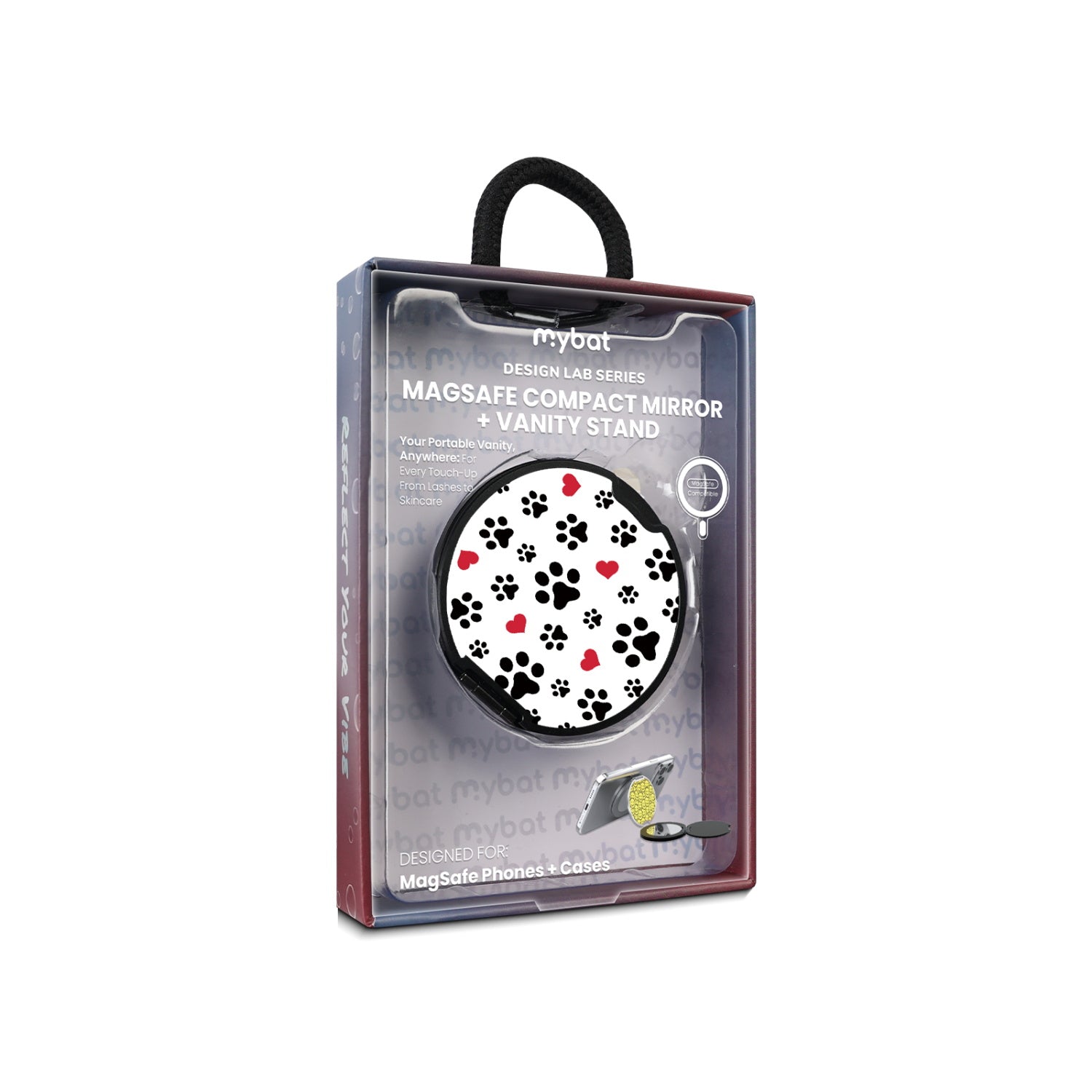 MyBat Design Lab MagSafe Selfie Mirror Kickstand - Black - Paw Prints and Hearts