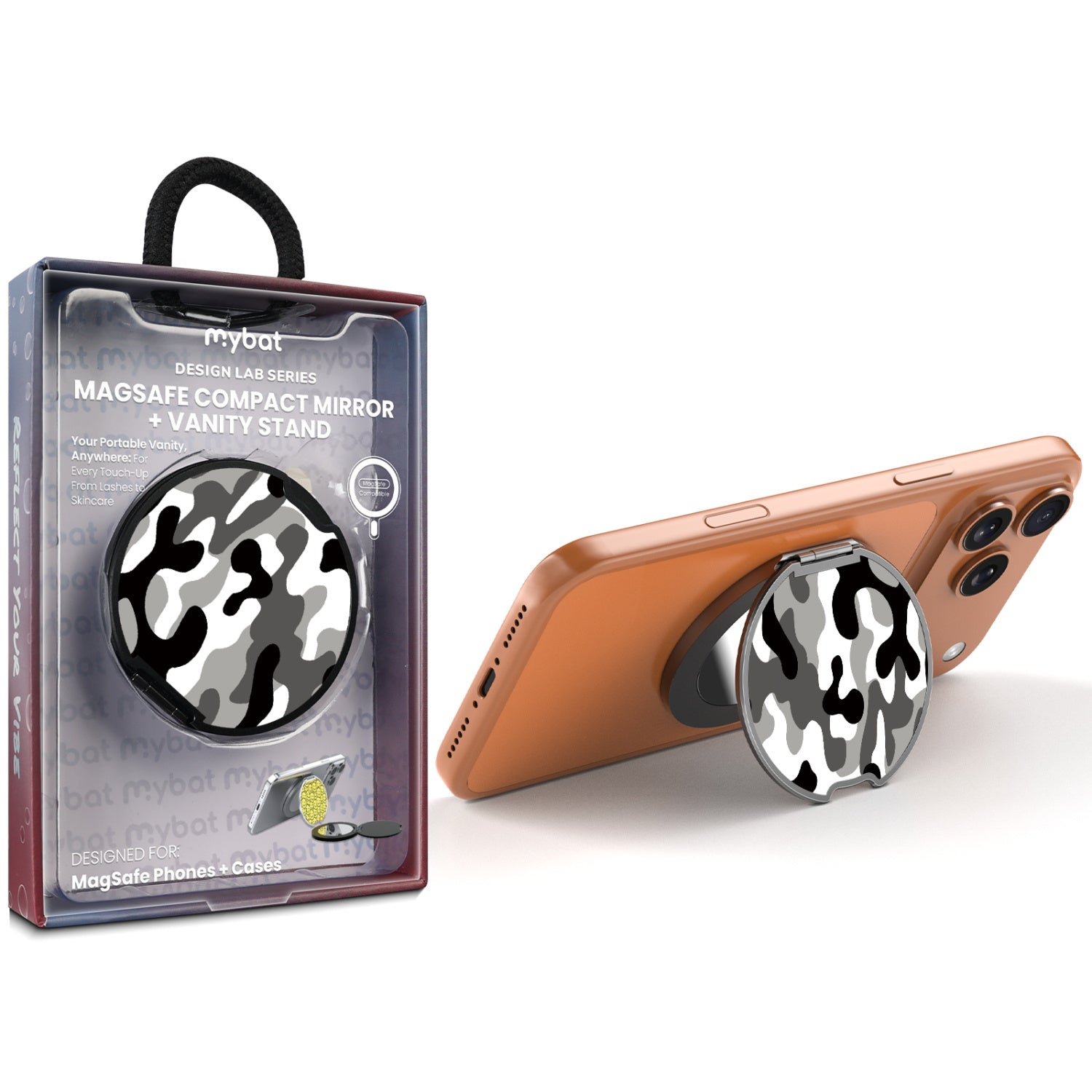 MyBat Design Lab MagSafe Selfie Mirror Kickstand - Black - Black & White Camouflage