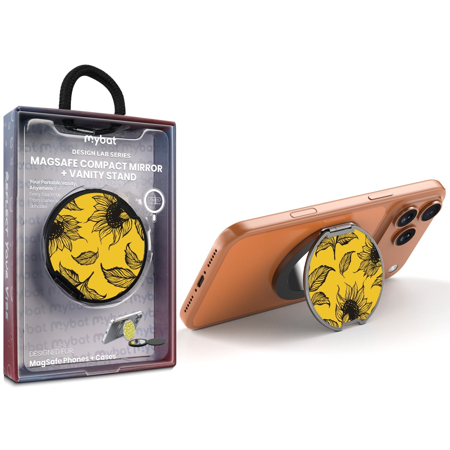 MyBat Design Lab MagSafe Selfie Mirror Kickstand - Black - Golden Sunflowers