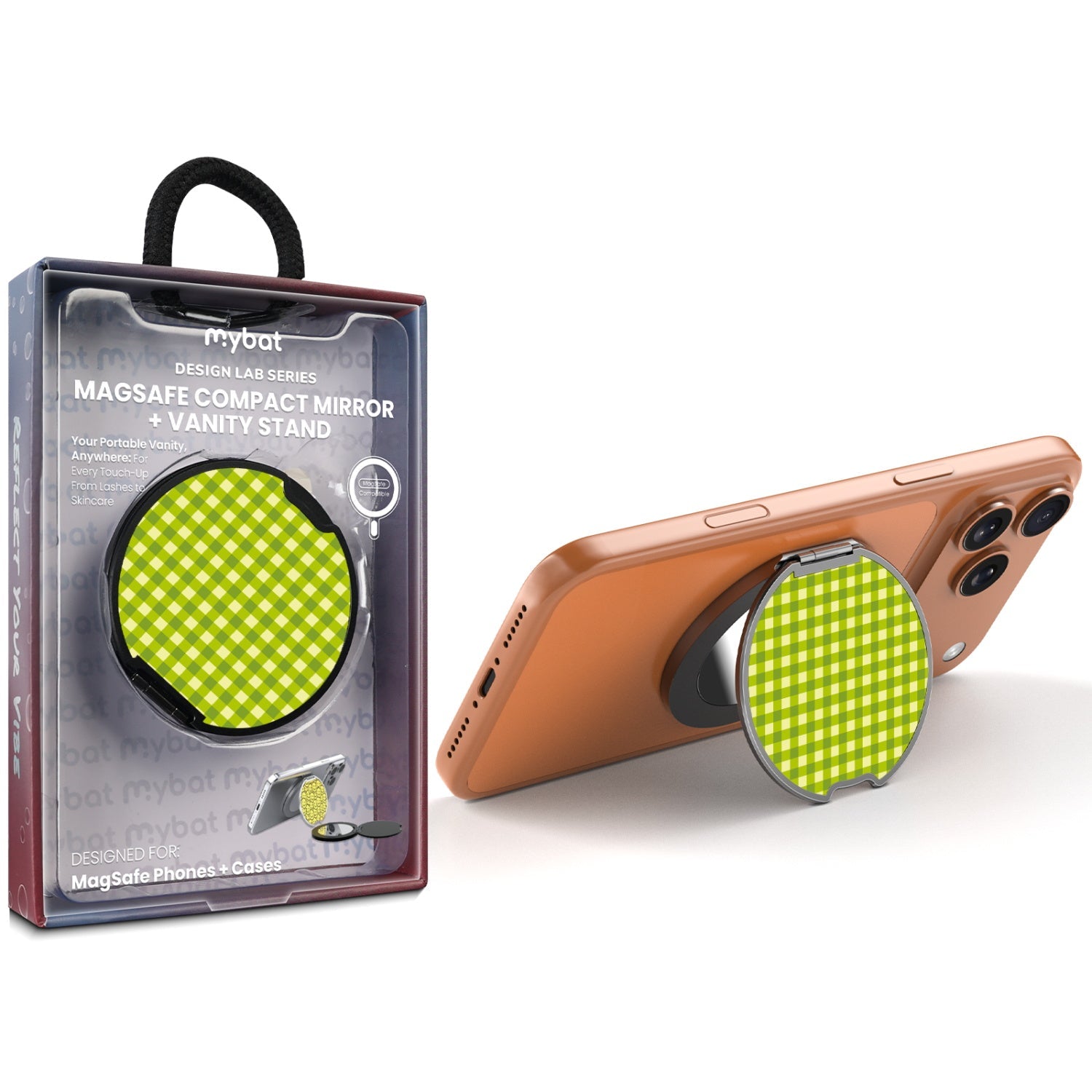 MyBat Design Lab MagSafe Selfie Mirror Kickstand - Black - Green Gingham