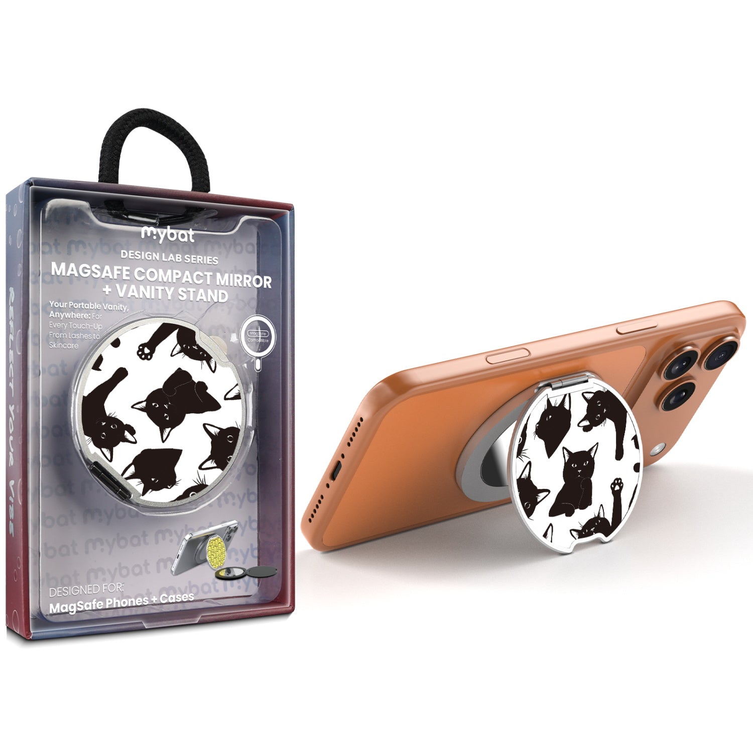 MyBat Design Lab MagSafe Selfie Mirror Kickstand - Silver - Black Cats
