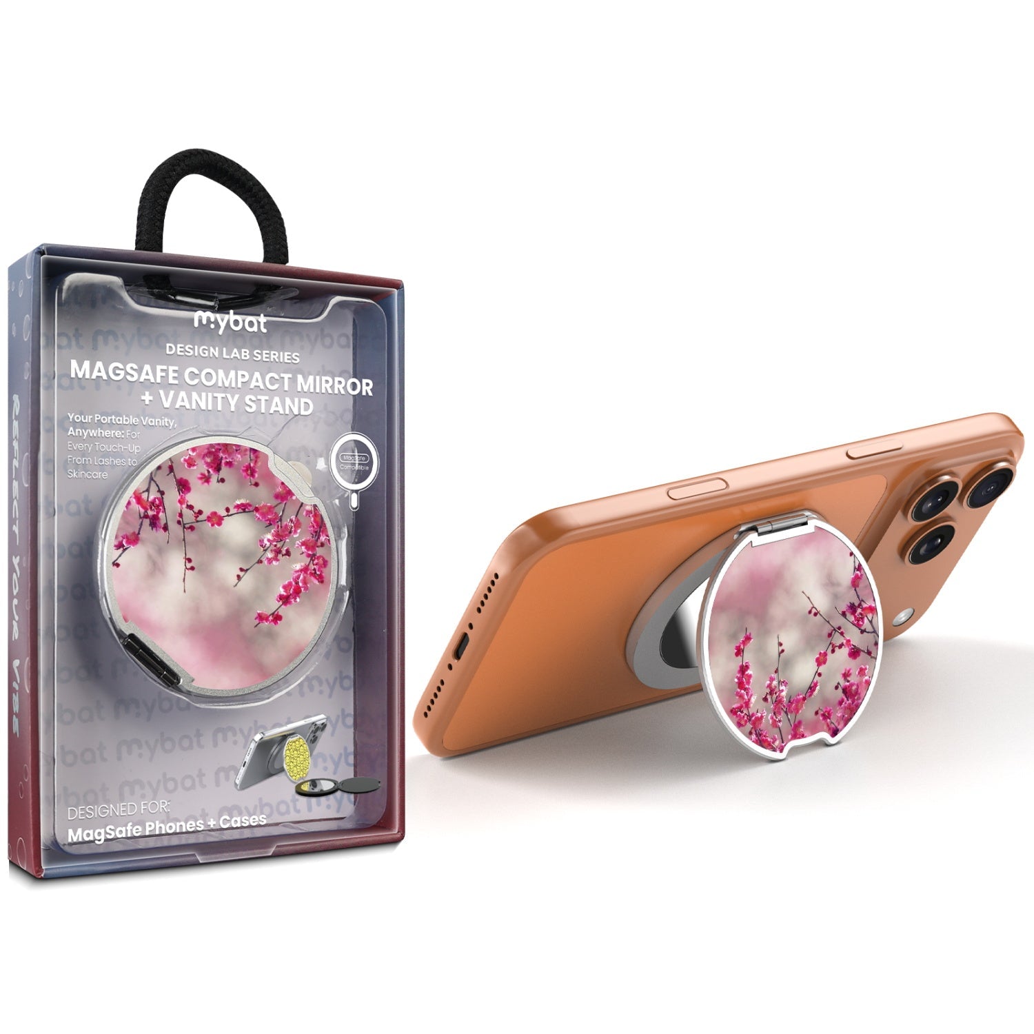 MyBat Design Lab MagSafe Selfie Mirror Kickstand - Silver - Sakura Blooms