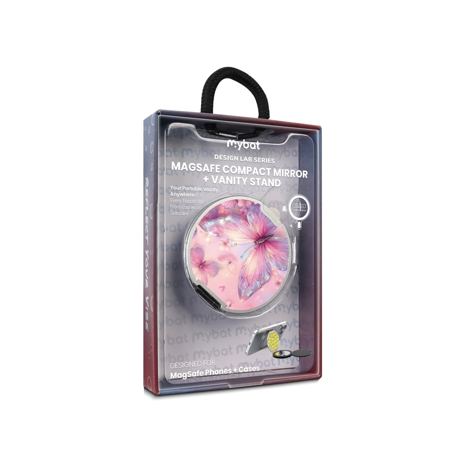 MyBat Design Lab MagSafe Selfie Mirror Kickstand - Silver - Pink Butterflies