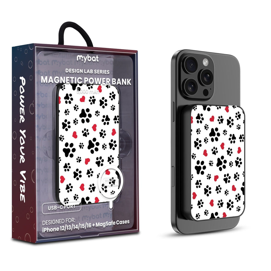 MyBat Design Lab 5000mAh Magnetic Wireless Power Bank - Black - Paw Prints and Hearts