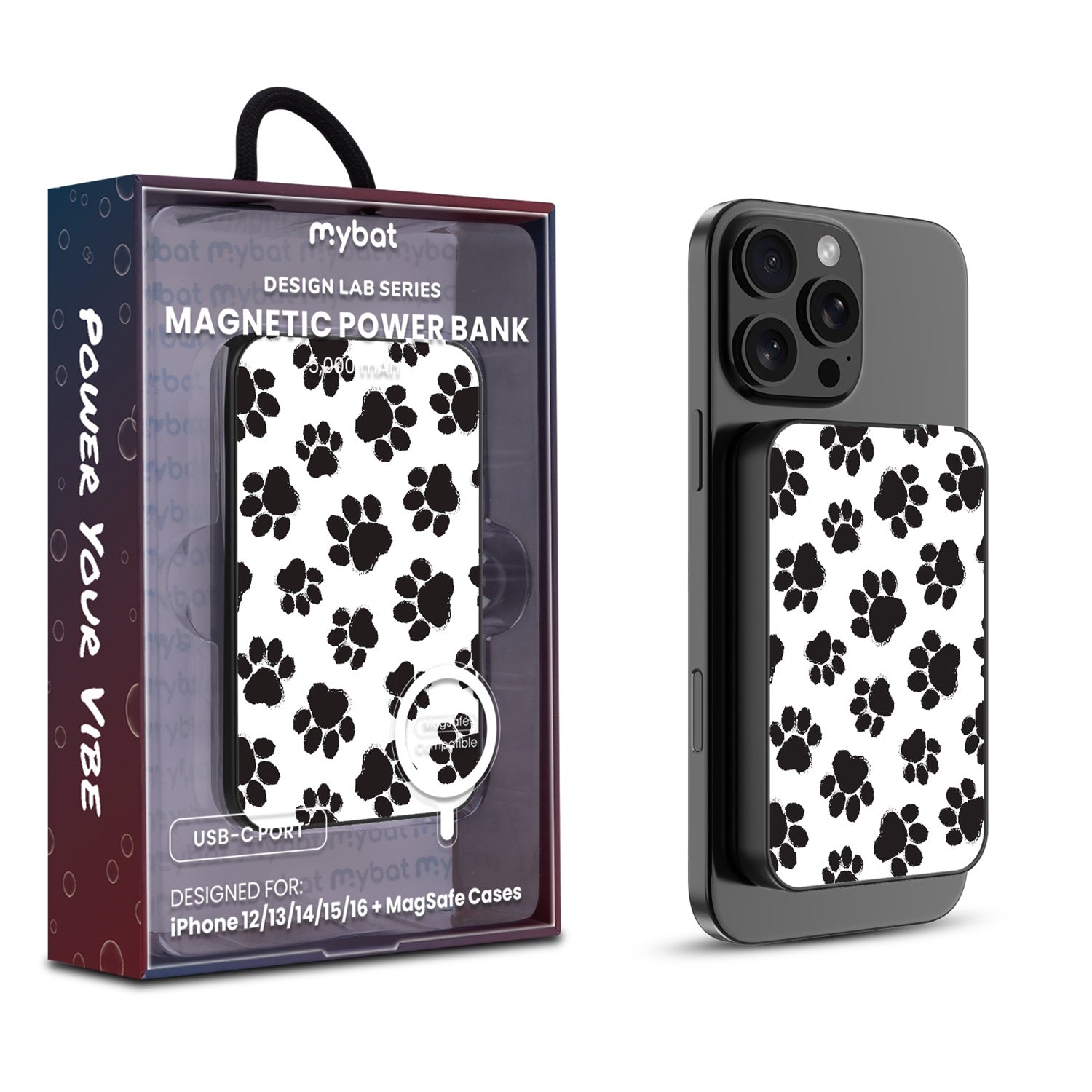 MyBat Design Lab 5000mAh Magnetic Wireless Power Bank - Black - Black Paw Prints - MPBBAT131-BK-002-1.jpg