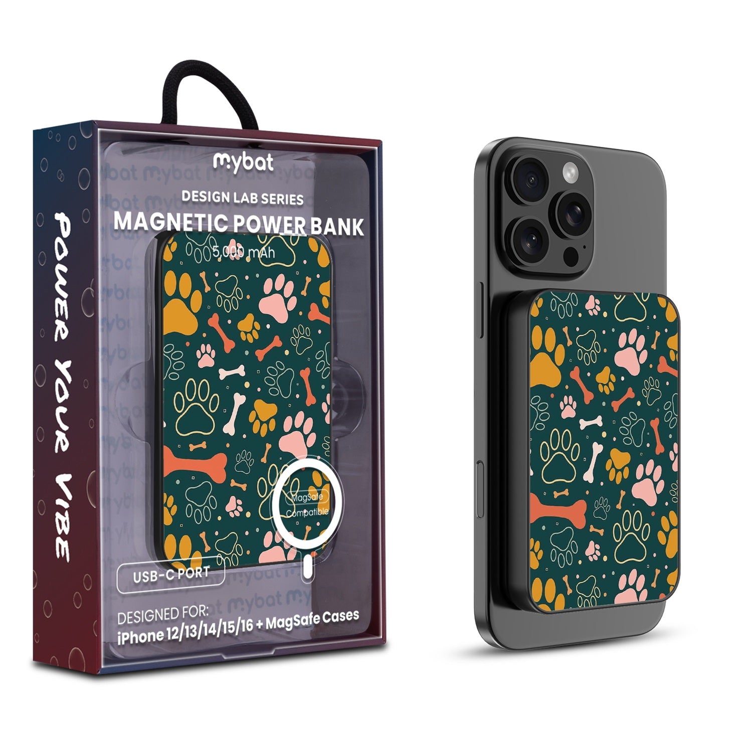 MyBat Design Lab 5000mAh Magnetic Wireless Power Bank - Black - Paw Prints & Bones - MPBBAT131-BK-003-1.jpg