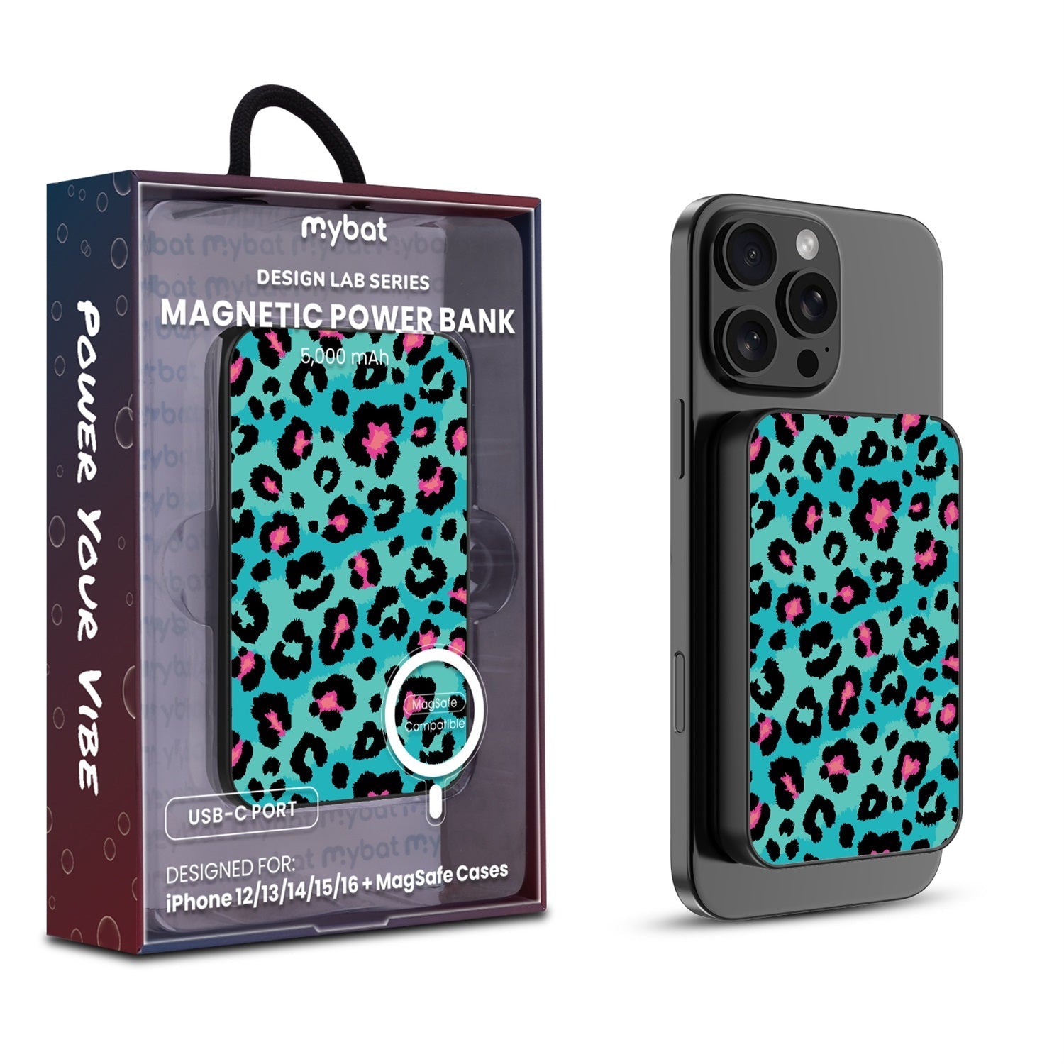 MyBat Design Lab 5000mAh Magnetic Wireless Power Bank - Black - Multicolor Leopard