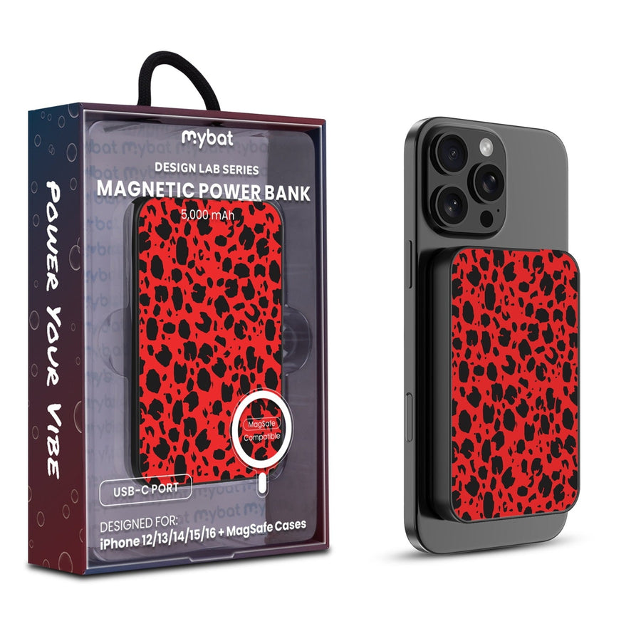 MyBat Design Lab 5000mAh Magnetic Wireless Power Bank - Black - Red Leopard Print