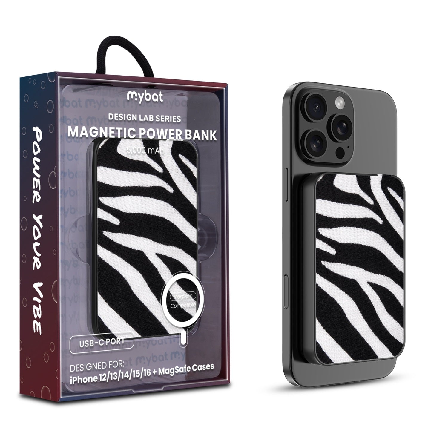 MyBat Design Lab 5000mAh Magnetic Wireless Power Bank - Black - Zebra Print