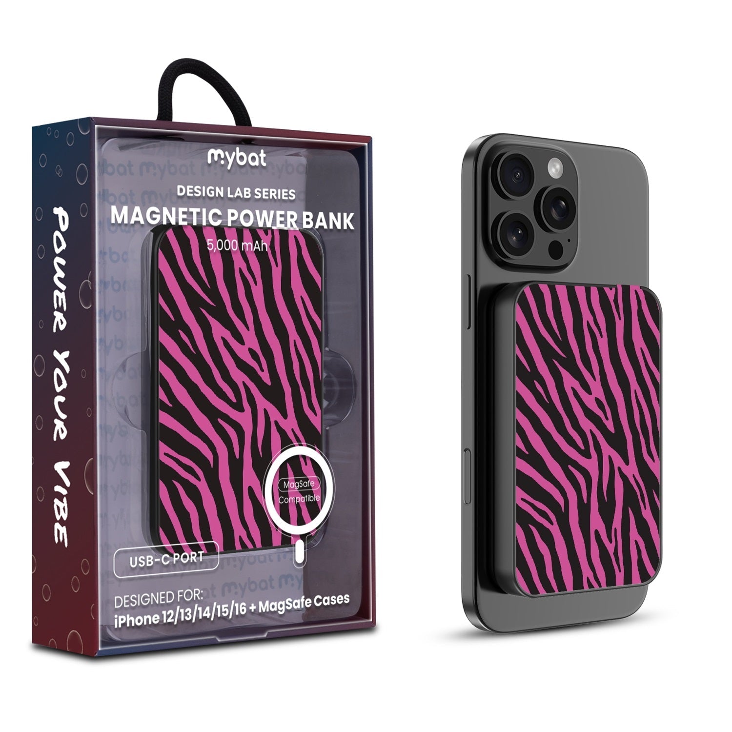MyBat Design Lab 5000mAh Magnetic Wireless Power Bank - Black - Pink Zebra Print