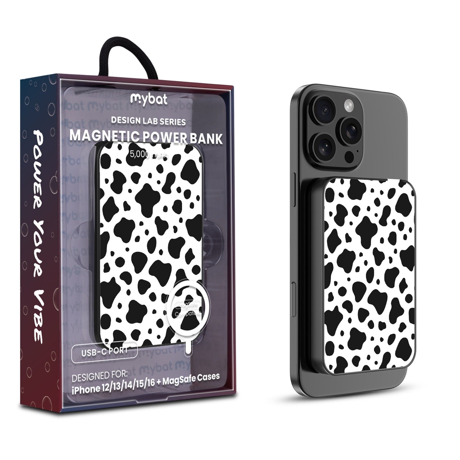 MyBat Design Lab 5000mAh Magnetic Wireless Power Bank - Black - Original Cow Print