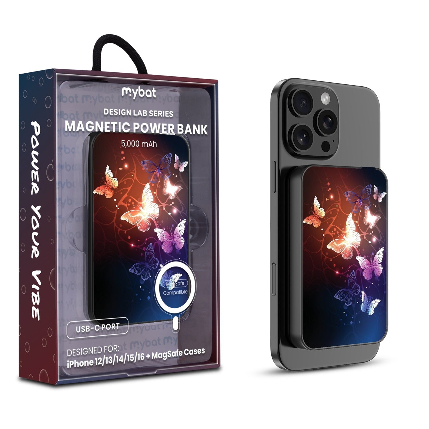 MyBat Design Lab 5000mAh Magnetic Wireless Power Bank - Black - Neon Butterflies
