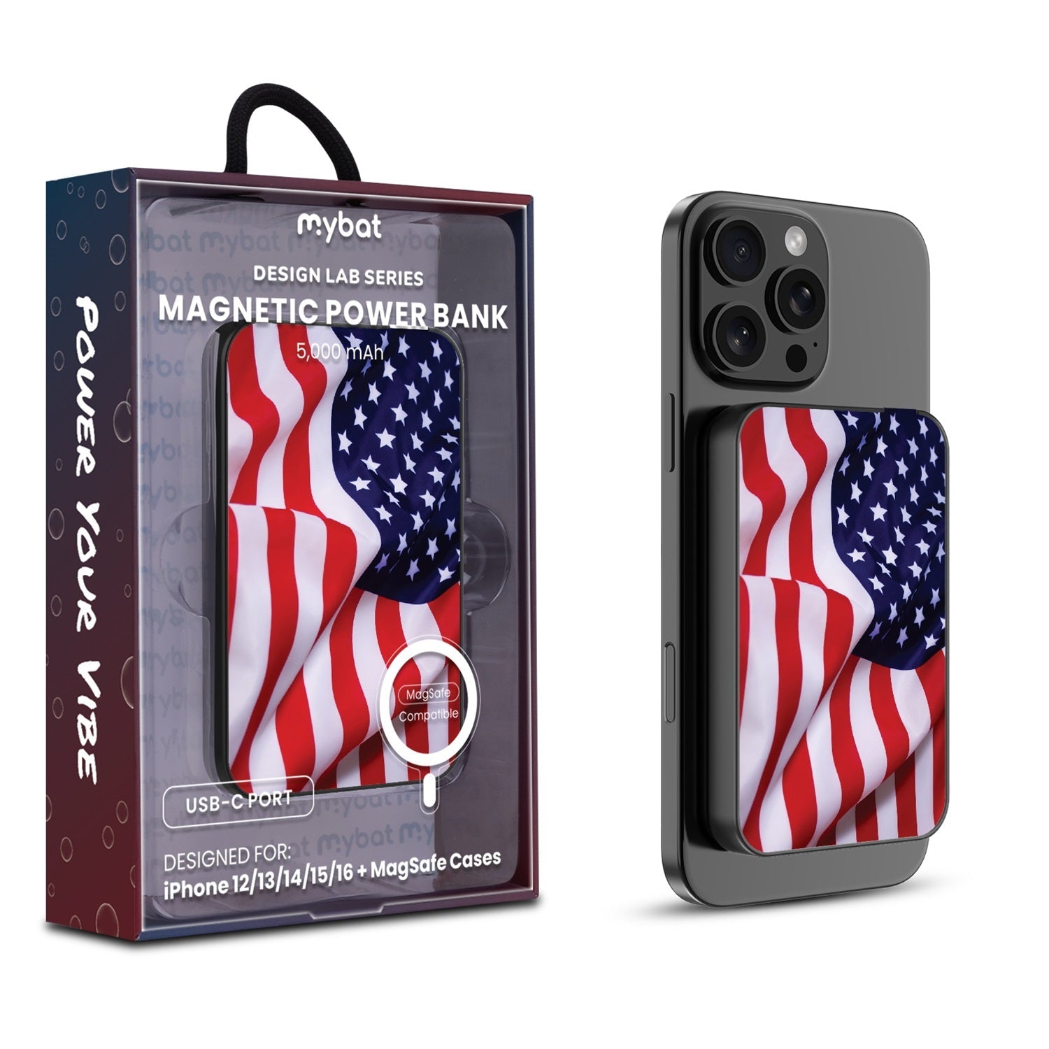 MyBat Design Lab 5000mAh Magnetic Wireless Power Bank - Black - Stars & Stripes