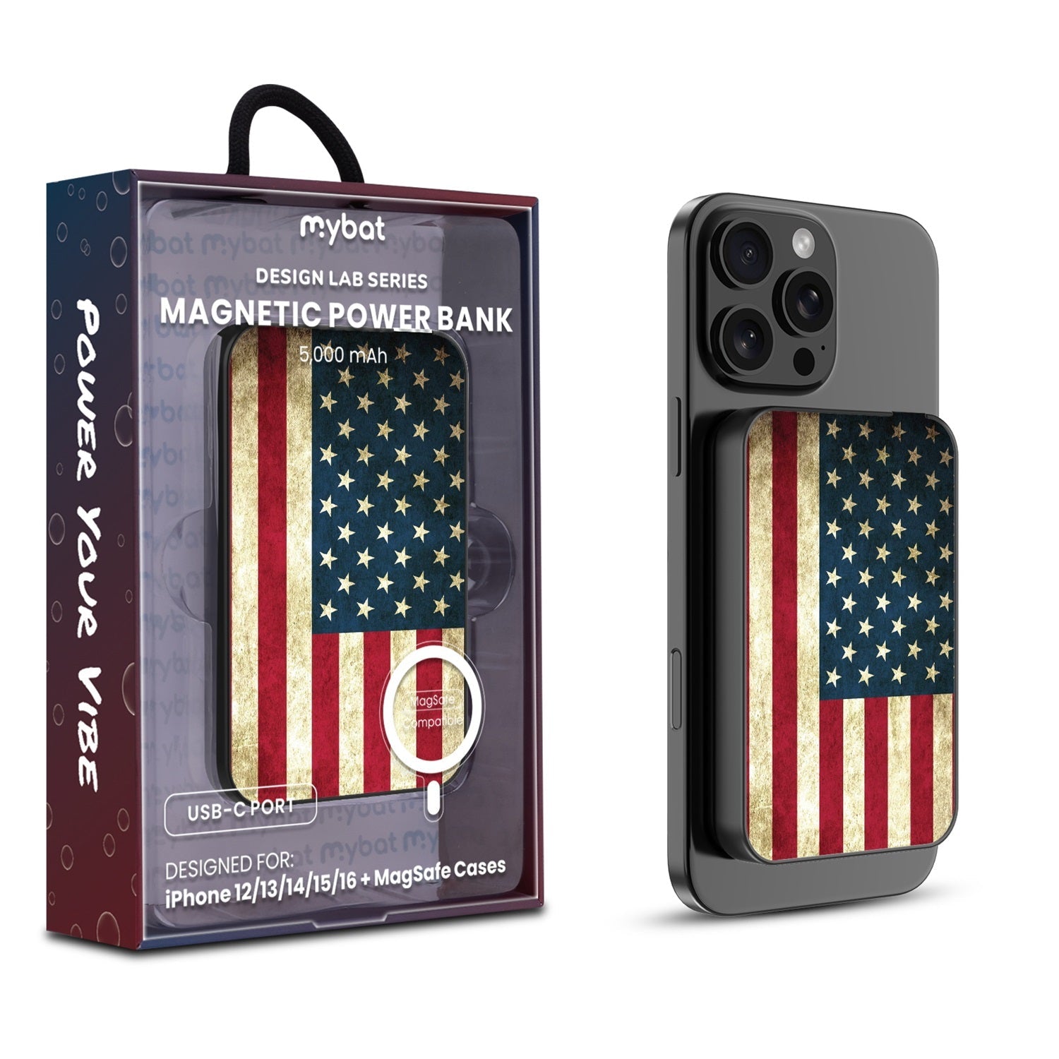 MyBat Design Lab 5000mAh Magnetic Wireless Power Bank - Black - American Flag