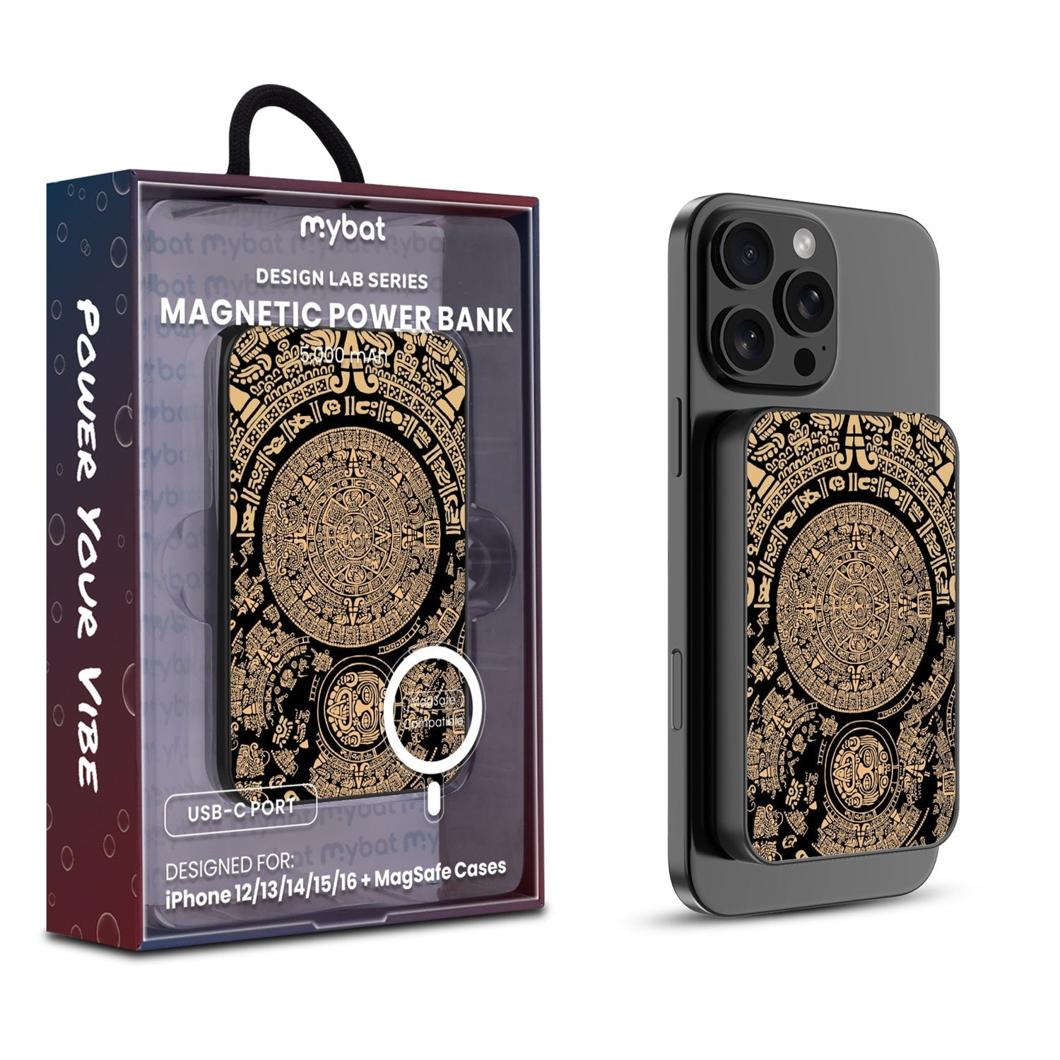 MyBat Design Lab 5000mAh Magnetic Wireless Power Bank - Black - Mayan Calendar
