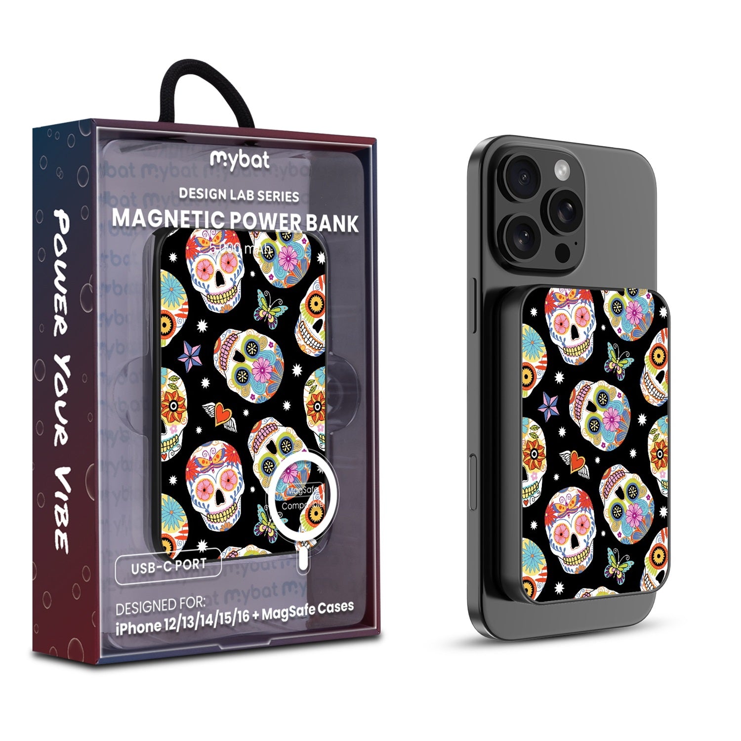 MyBat Design Lab 5000mAh Magnetic Wireless Power Bank - Black - Day of the Dead - MPBBAT131-BK-056-1.jpg