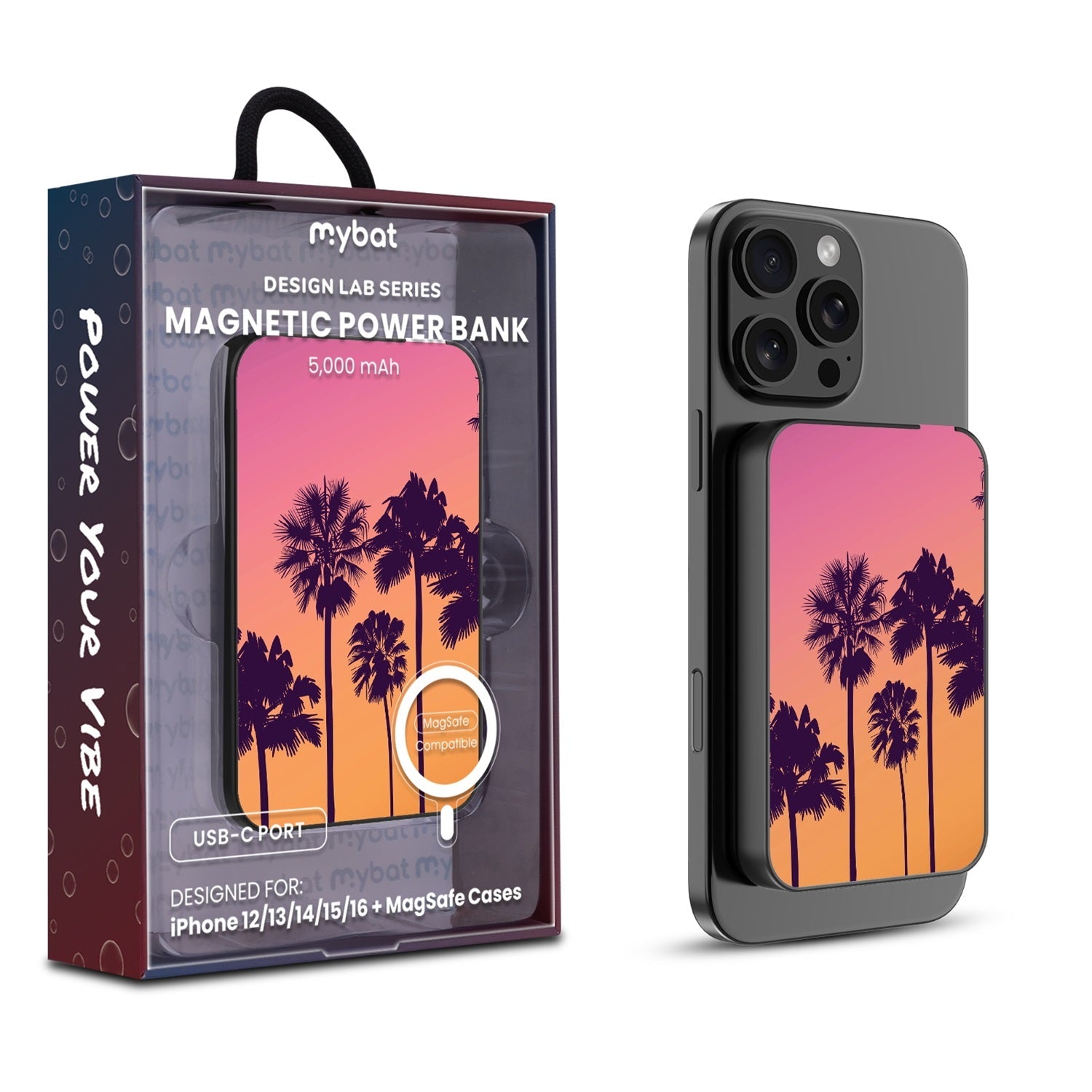 MyBat Design Lab 5000mAh Magnetic Wireless Power Bank - Black - Palm Tree Sunset