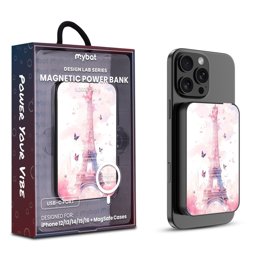 MyBat Design Lab 5000mAh Magnetic Wireless Power Bank - Black - Parisian Butterflies