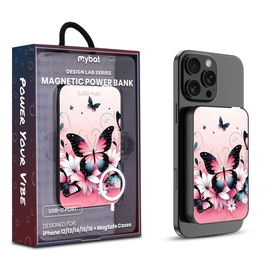 MyBat Design Lab 5000mAh Magnetic Wireless Power Bank - Black - Butterfly Bouquet